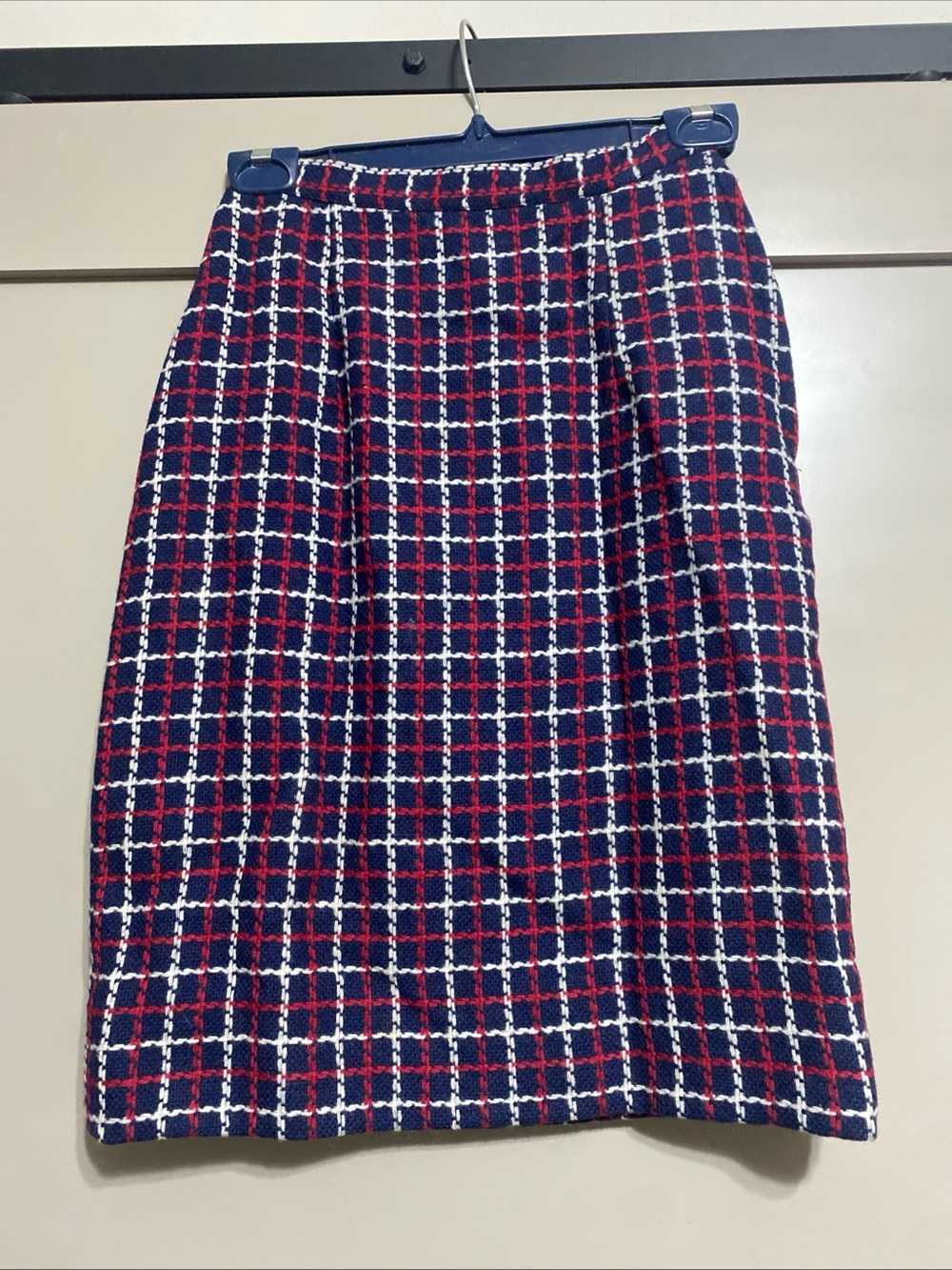 Vintage 60’s Tweed Navy Plaid Midi Skirt with Red & White Grid